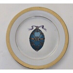 Royal Gallery Buffet Blue Red Bow Faberge Egg 8.5” Salad Plate Gold Gilt Rim